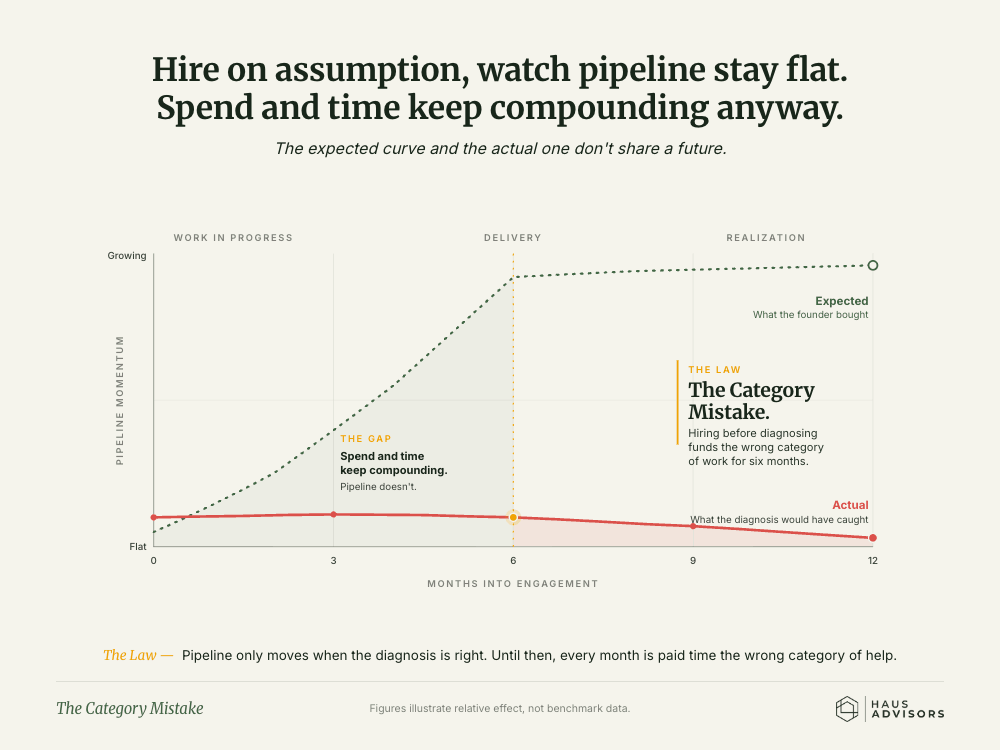 Chart: The Category Mistake. Hiring before you've named the real problem funds the wrong work for months while the pipeline stays flat.